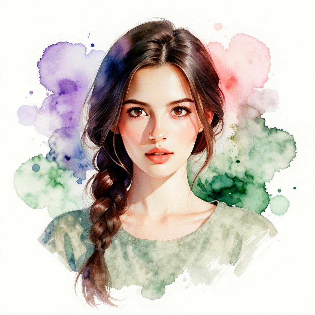 Watercolor Portrait of Young Woman with Braided Hair in Semi-Realistic Style