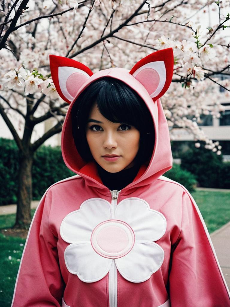 Woman in Realistic Blossom Cosplay Costume with Cat Ears Hoodie