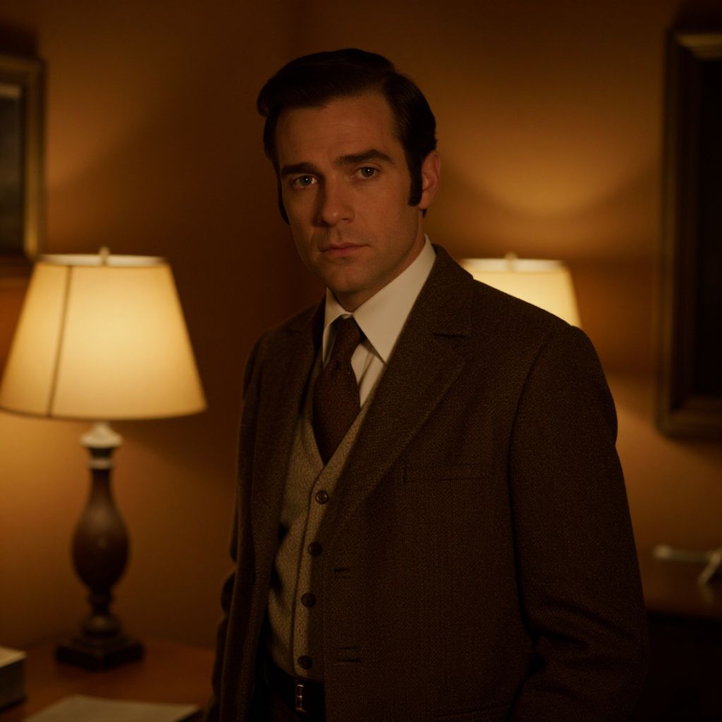 Vintage 1940s Style Man in Brown Suit with Warm Ambient Lighting