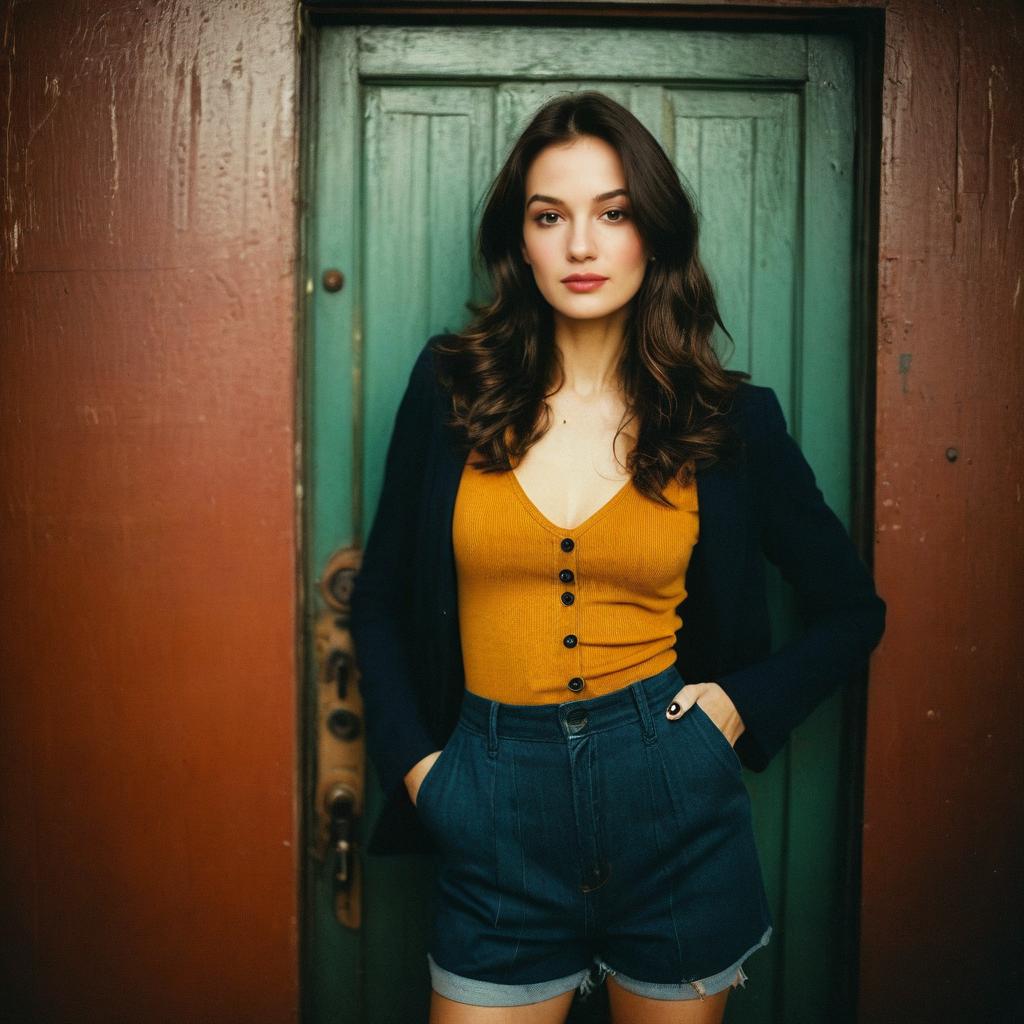 Confident Woman in Stylish Outfit by Rustic Green Door