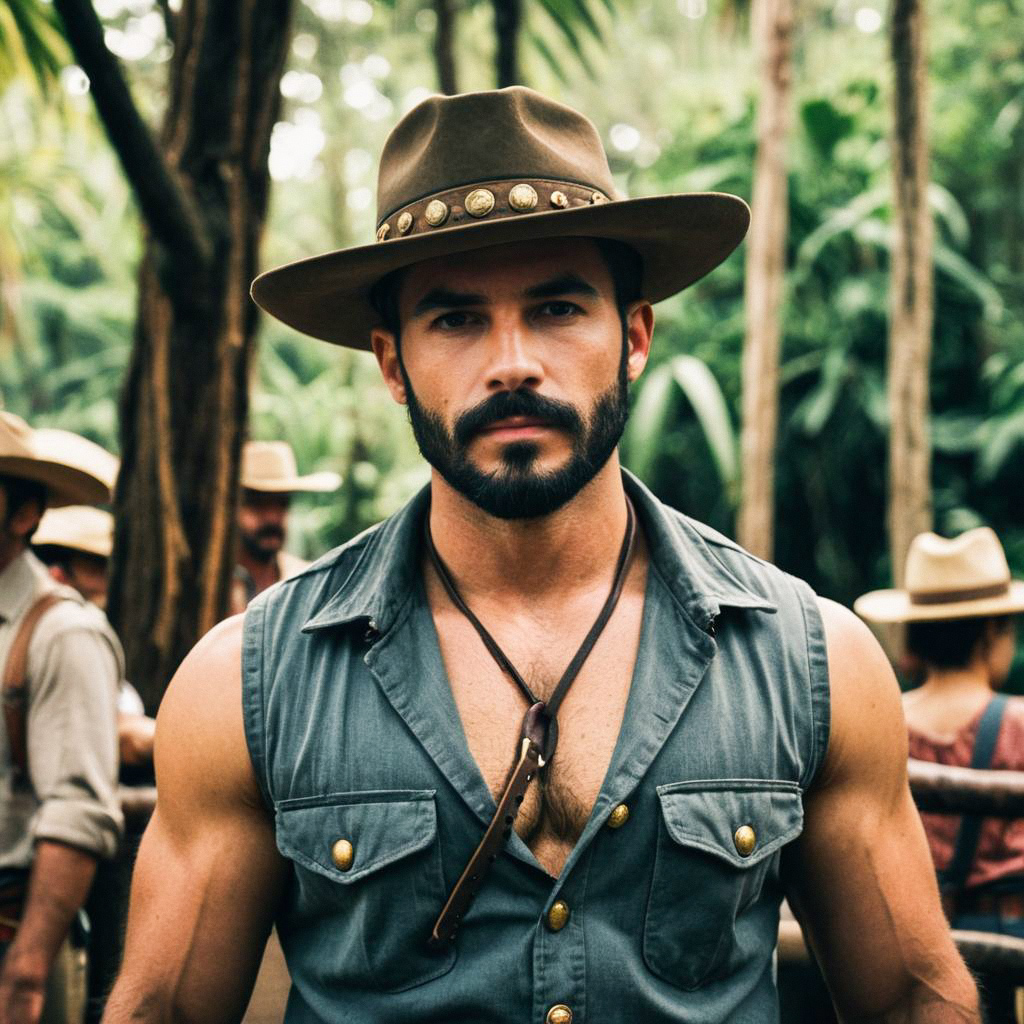 Rugged Man in Jungle with Adventurous Attire Rugged Man in Jungle with Adventurous Attire