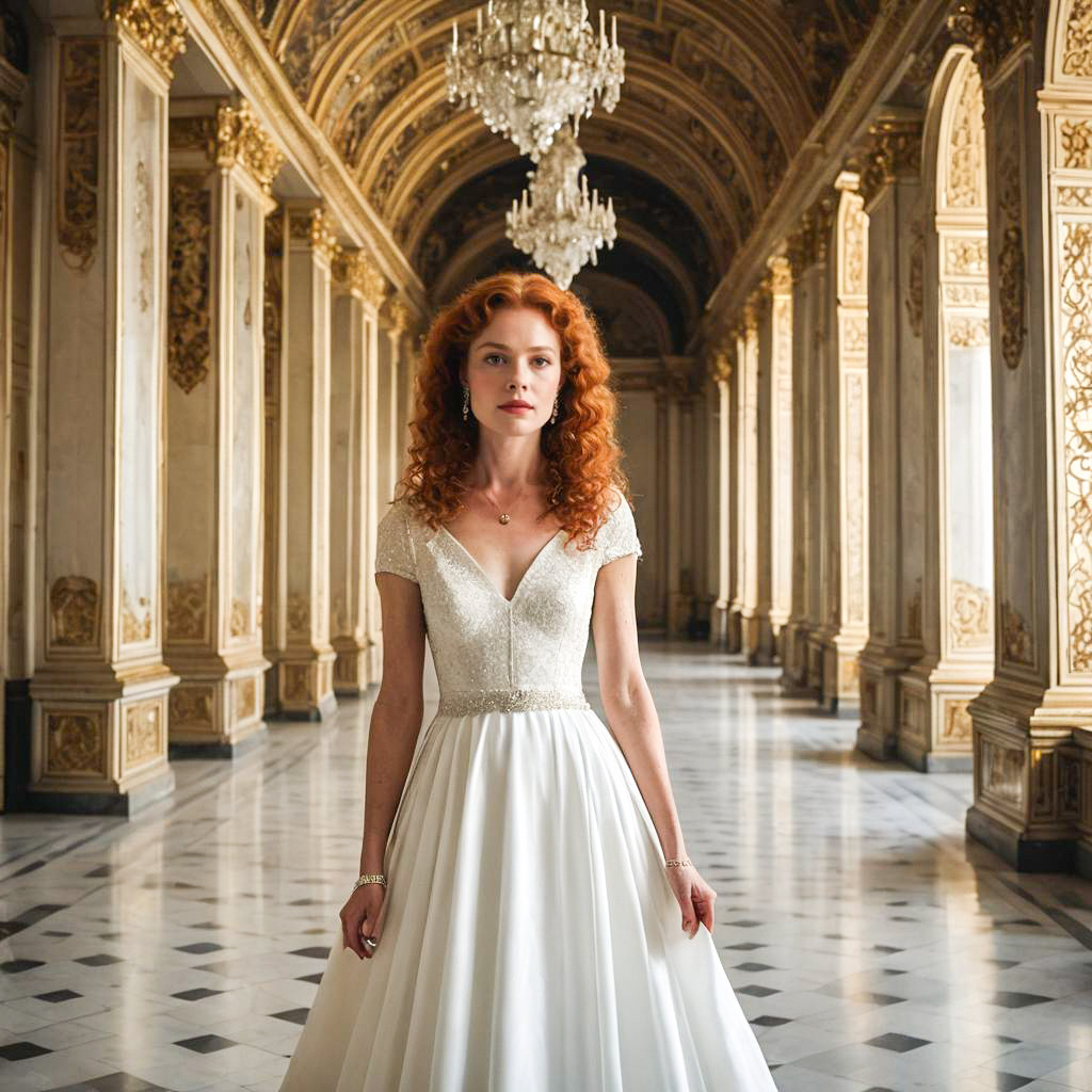 Elegant Woman in White Dress in Grand Hall