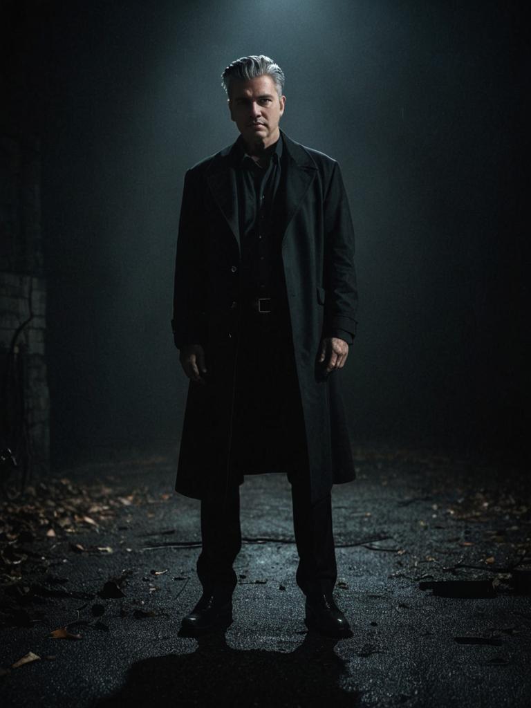 Stylized Portrait of a Confident Man in a Dark, Mysterious Setting