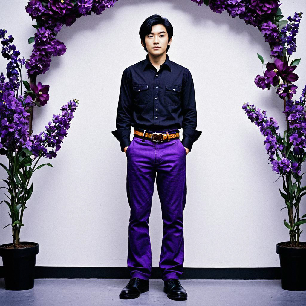 Confident Man in Stylish Black Shirt and Purple Pants with Floral Background Confident Man in Stylish Black Shirt and Purple Pants with Floral Background
