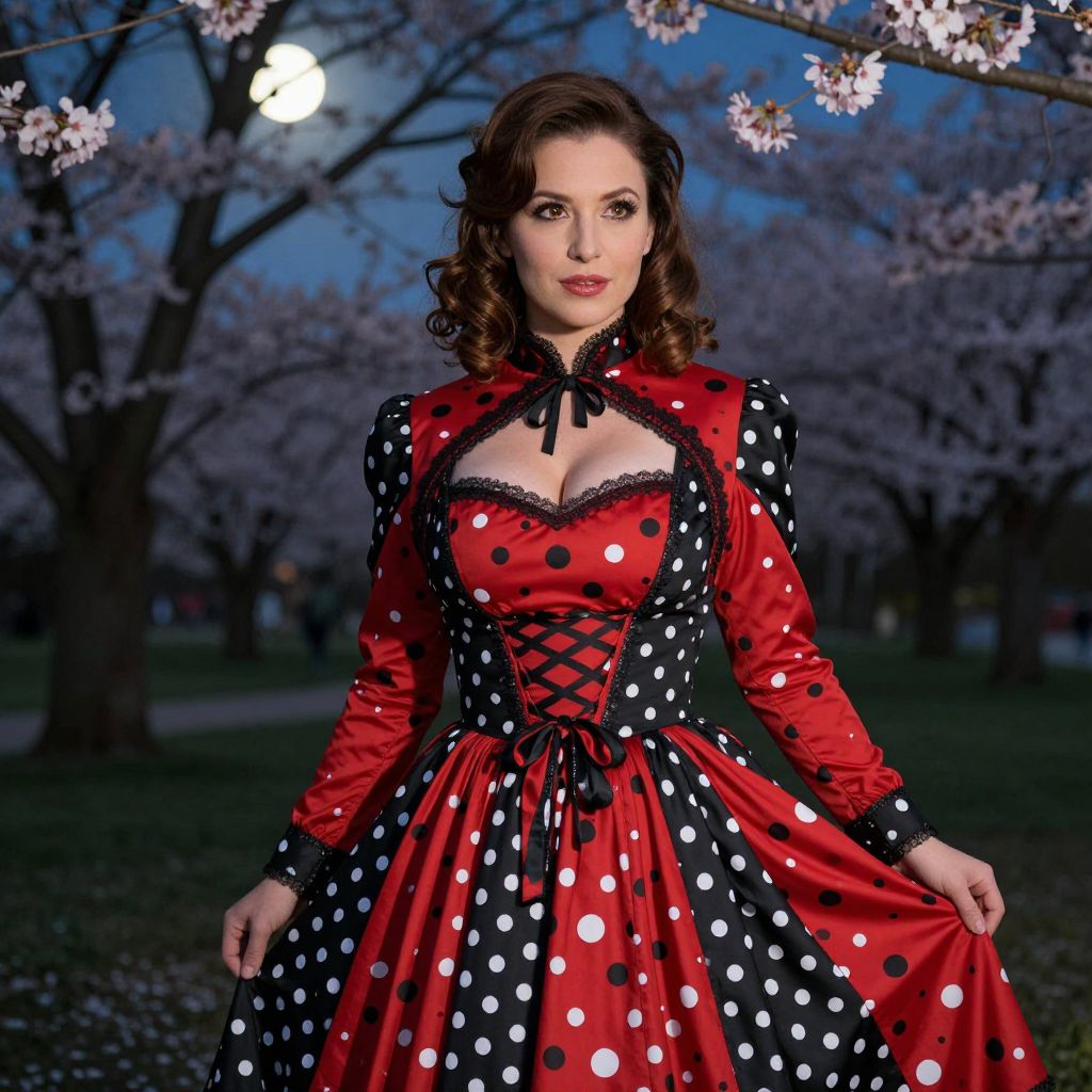 Vintage Polka Dot Dress Woman Outdoors at Night with Blossoming Trees