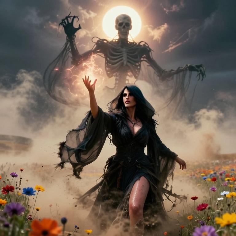 Fantasy Gothic Woman Summoning Skeleton Spirit in Flower Field