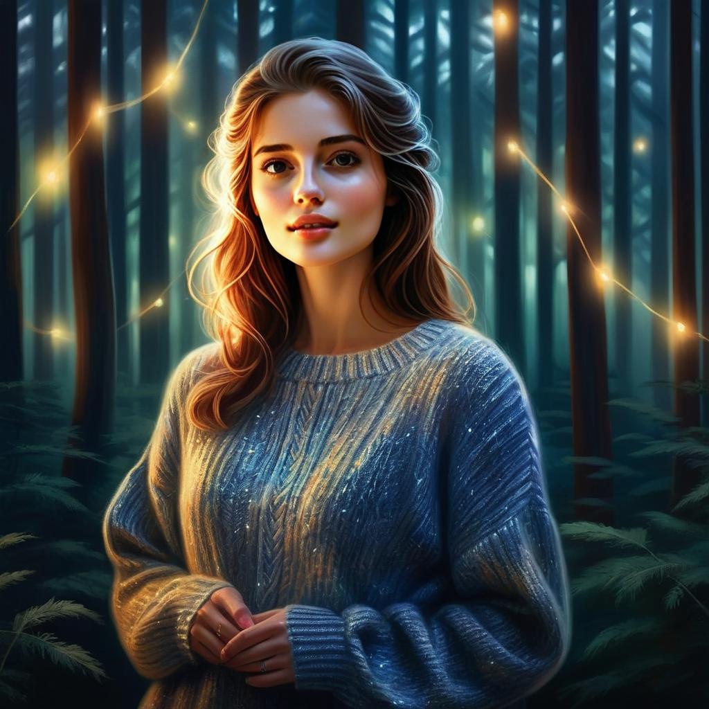 Young Woman in Mystical Forest with Glowing Lights Young Woman in Mystical Forest with Glowing Lights