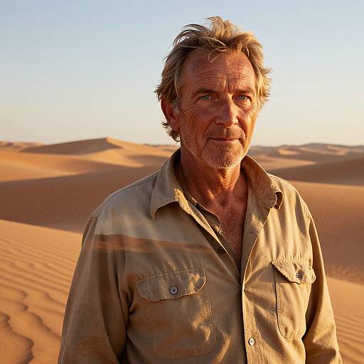 Mature Man Standing in Desert Sand Dunes at Sunset