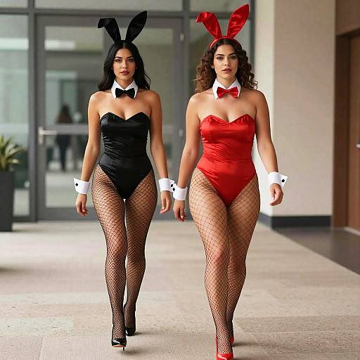 Women in Classic Black and Red Bunny Costumes with Fishnet Stockings