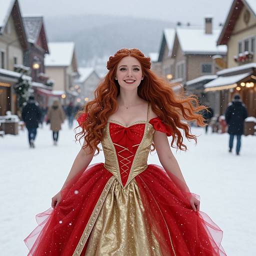 Red-haired Woman in Festive Red and Gold Dress in Snowy Village