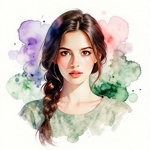 Watercolor Portrait of Young Woman with Braided Hair in Semi-Realistic Style