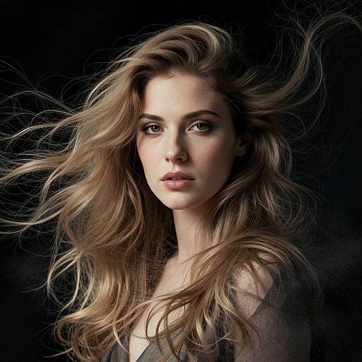 Portrait of a Young Woman with Flowing Blonde Hair on Dark Background