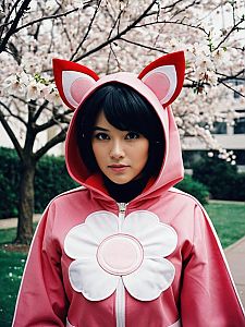 Woman in Realistic Blossom Cosplay Costume with Cat Ears Hoodie