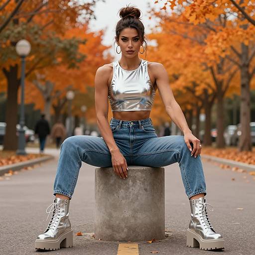 Young Woman in Metallic Crop Top and Jeans Sitting Outdoors in Autumn