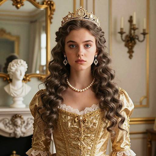 Elegant Young Woman in Gold Gown with Tiara in Vintage Setting
