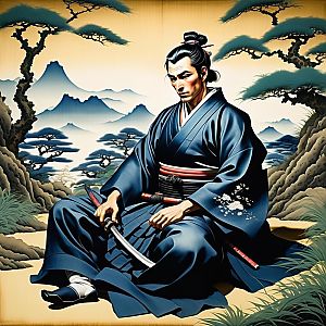 Samurai in Blue Kimono - Ukiyo-e Art