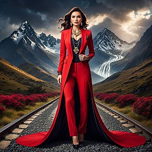 Confident Woman in Red Suit on Railway Tracks