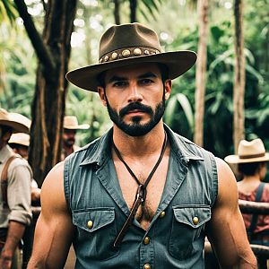 Rugged Man in Jungle with Adventurous Attire