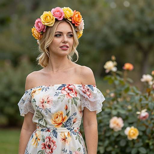 Woman in Floral Dress and Flower Crown in Rose Garden