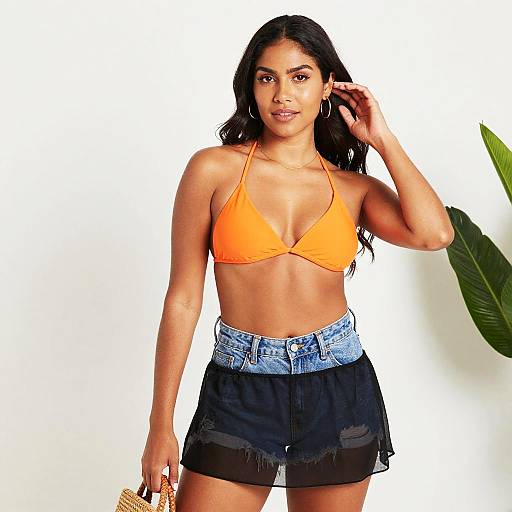 Trendy Summer Bikini Top and Layered Denim Shorts Outfit for Women