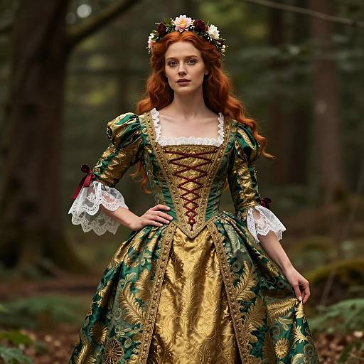 Woman in Elegant Renaissance Dress with Floral Crown in Forest