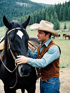 Man in Brokeback Mountain Costume with Horse Outdoors