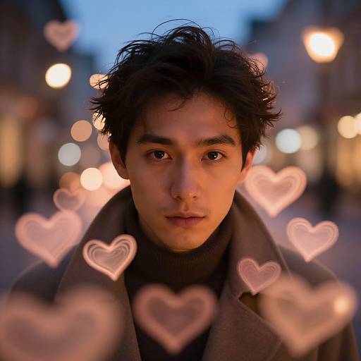 Young Man Portrait with Heart-Shaped Bokeh Lights