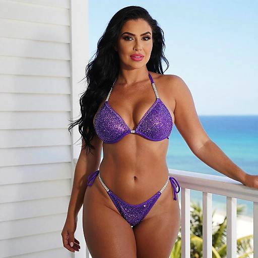 Glamorous Woman in Sparkling Purple Bikini on Beach Balcony