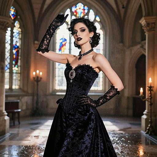 Elegant Woman in Victorian Gothic Dress Inside Church