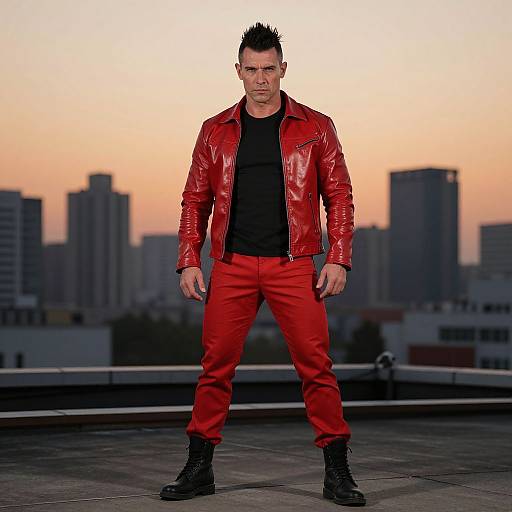Man in Red Leather Jacket and Pants Standing on Rooftop at Sunset