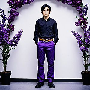 Confident Man in Stylish Black Shirt and Purple Pants with Floral Background