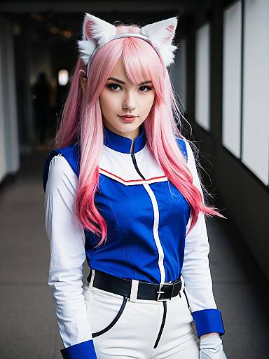 Akira Blue Archive Cosplay Woman with Pink Hair and Cat Ears