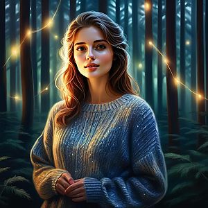 Young Woman in Mystical Forest with Glowing Lights