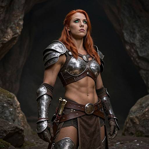 Fierce Red-Haired Female Warrior in Medieval Armor in Rocky Cave