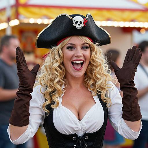 Smiling Woman in Pirate Costume with Skull Hat and Gloves