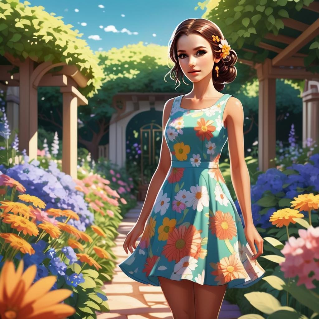 Young Woman in Floral Dress in Vibrant Garden