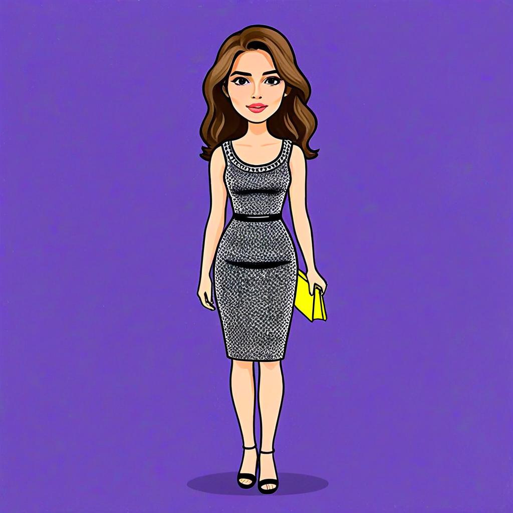 Stylish Woman in Fitted Knee-Length Dress with Yellow Clutch Illustration