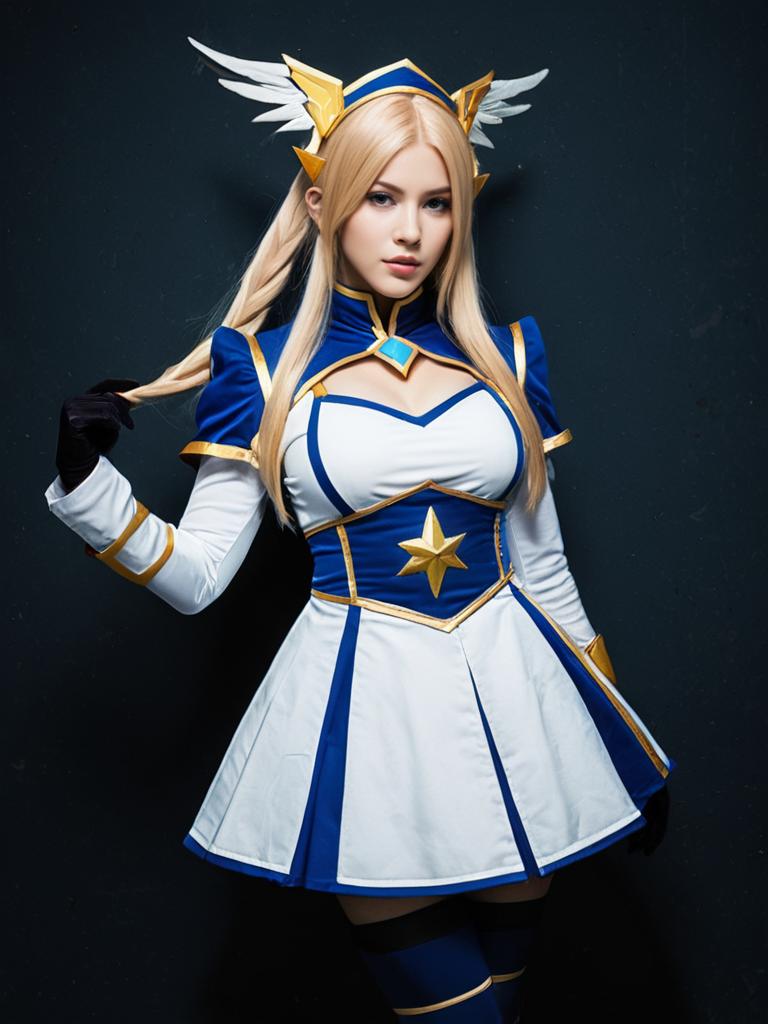 Realistic Anya Alstreim Cosplay Woman in Blue and White Costume
