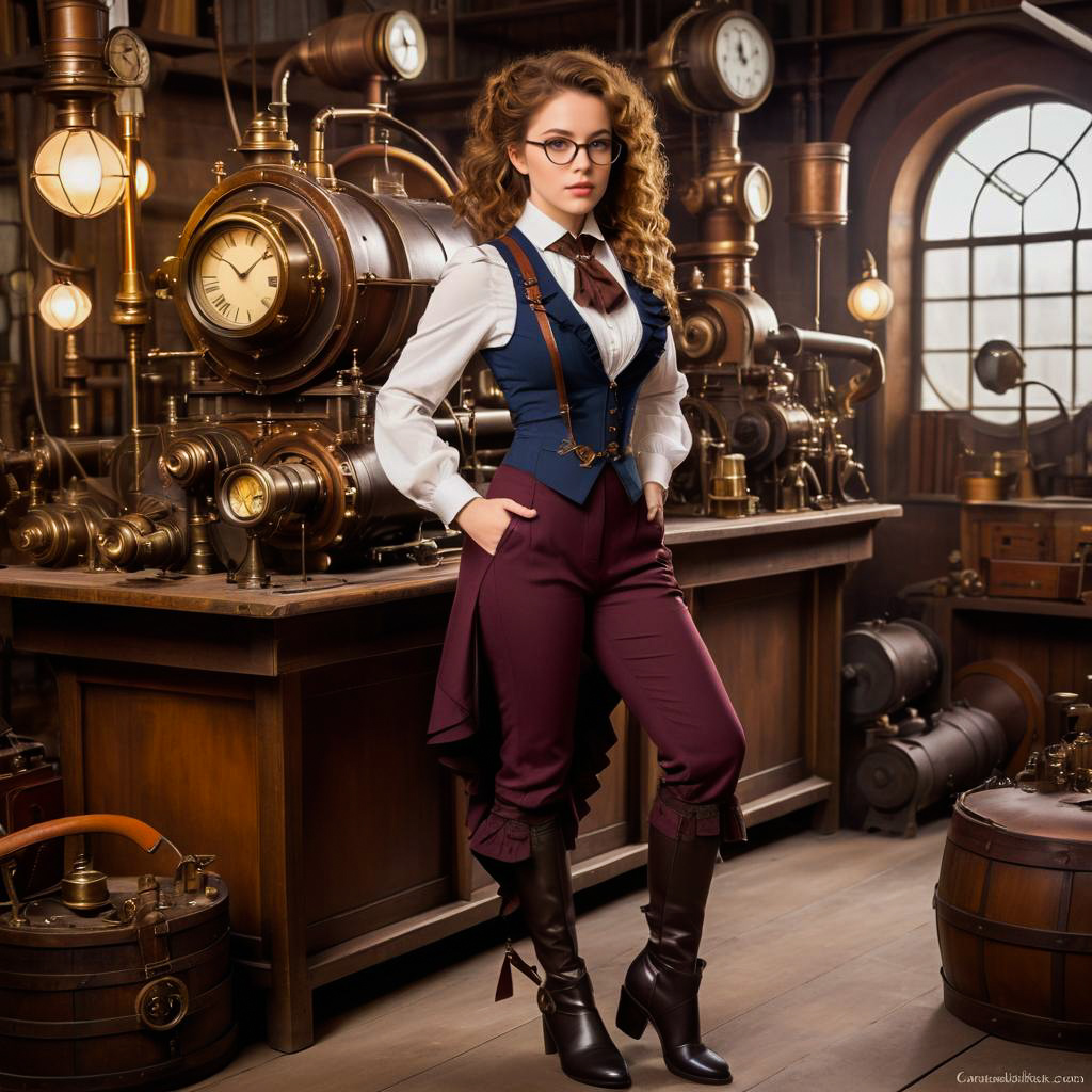 Confident Woman in Steampunk Workshop