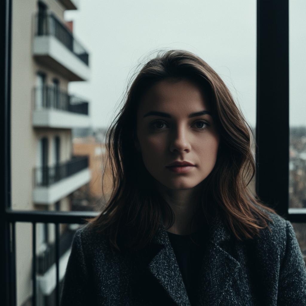 Moody Realistic Portrait of Young Woman on Urban Balcony