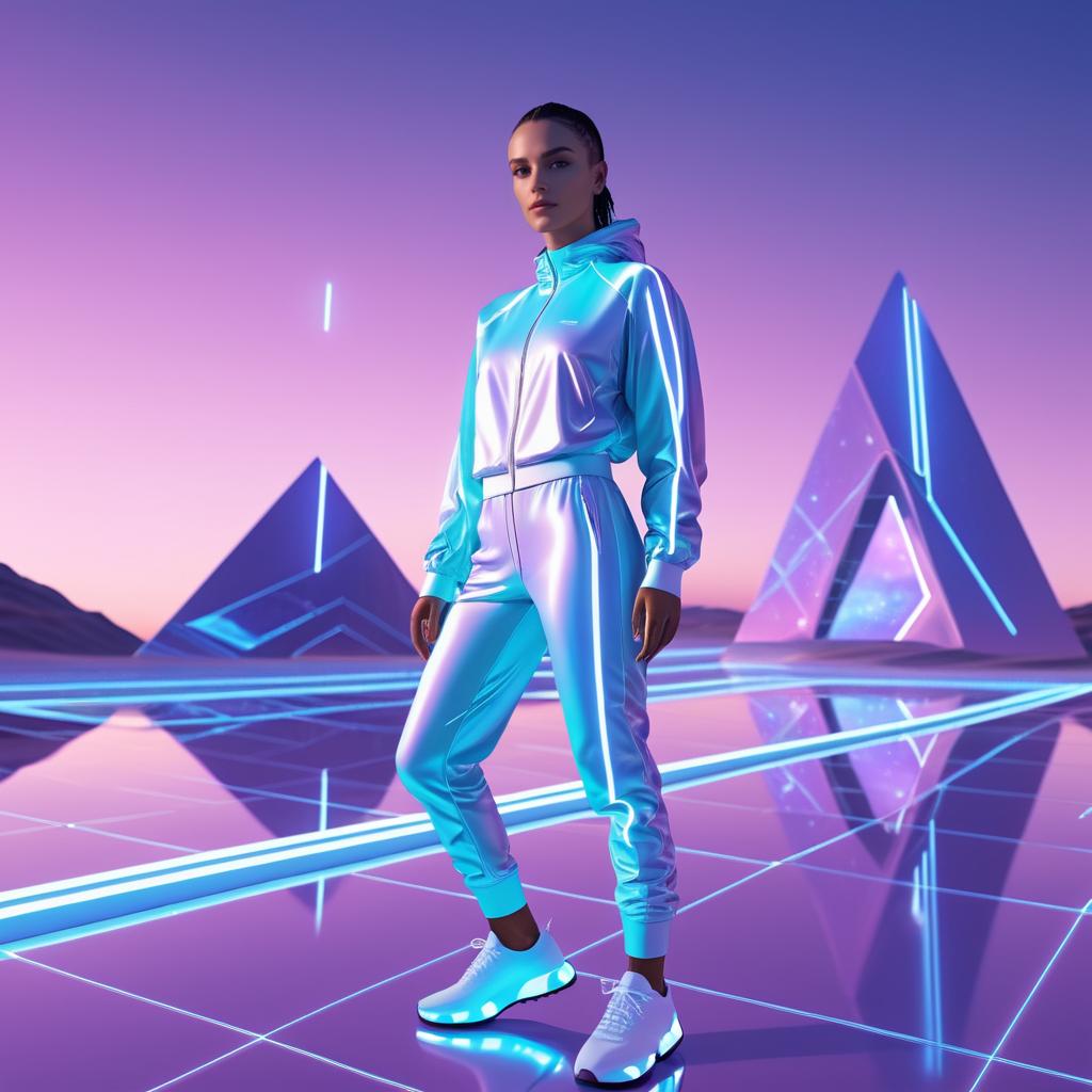 Confident Woman in Futuristic Tracksuit Amid Neon Pyramids