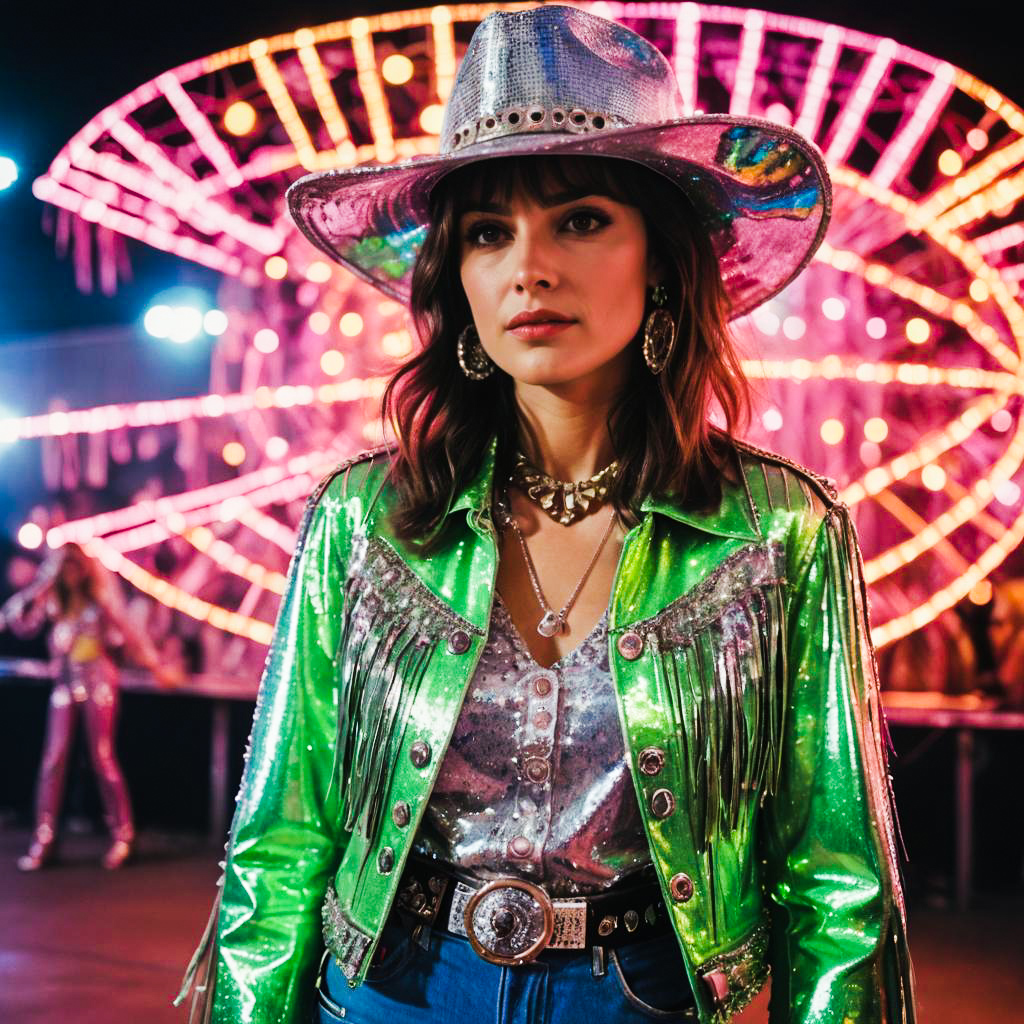 Stylish Woman in Green and Silver Outfit at Carnival