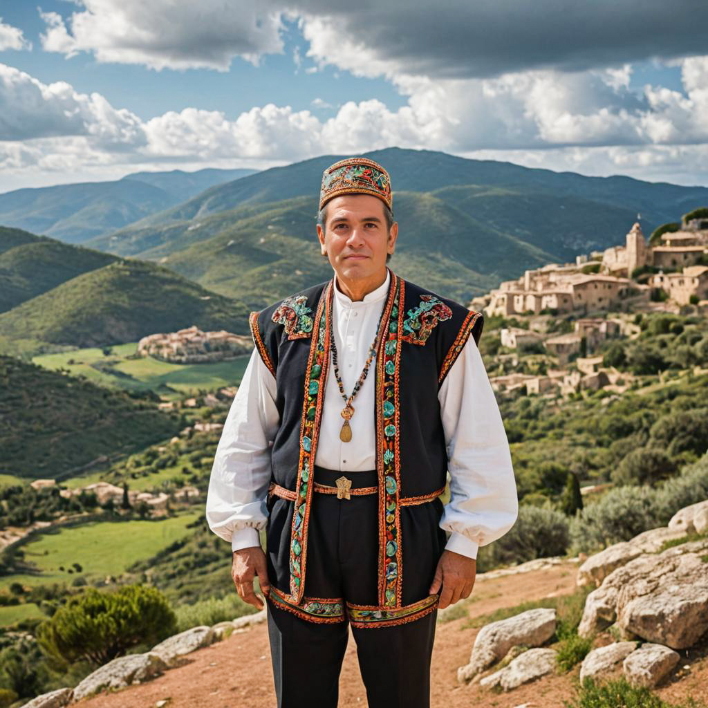 Man in Traditional Attire Against Mountainous Backdrop