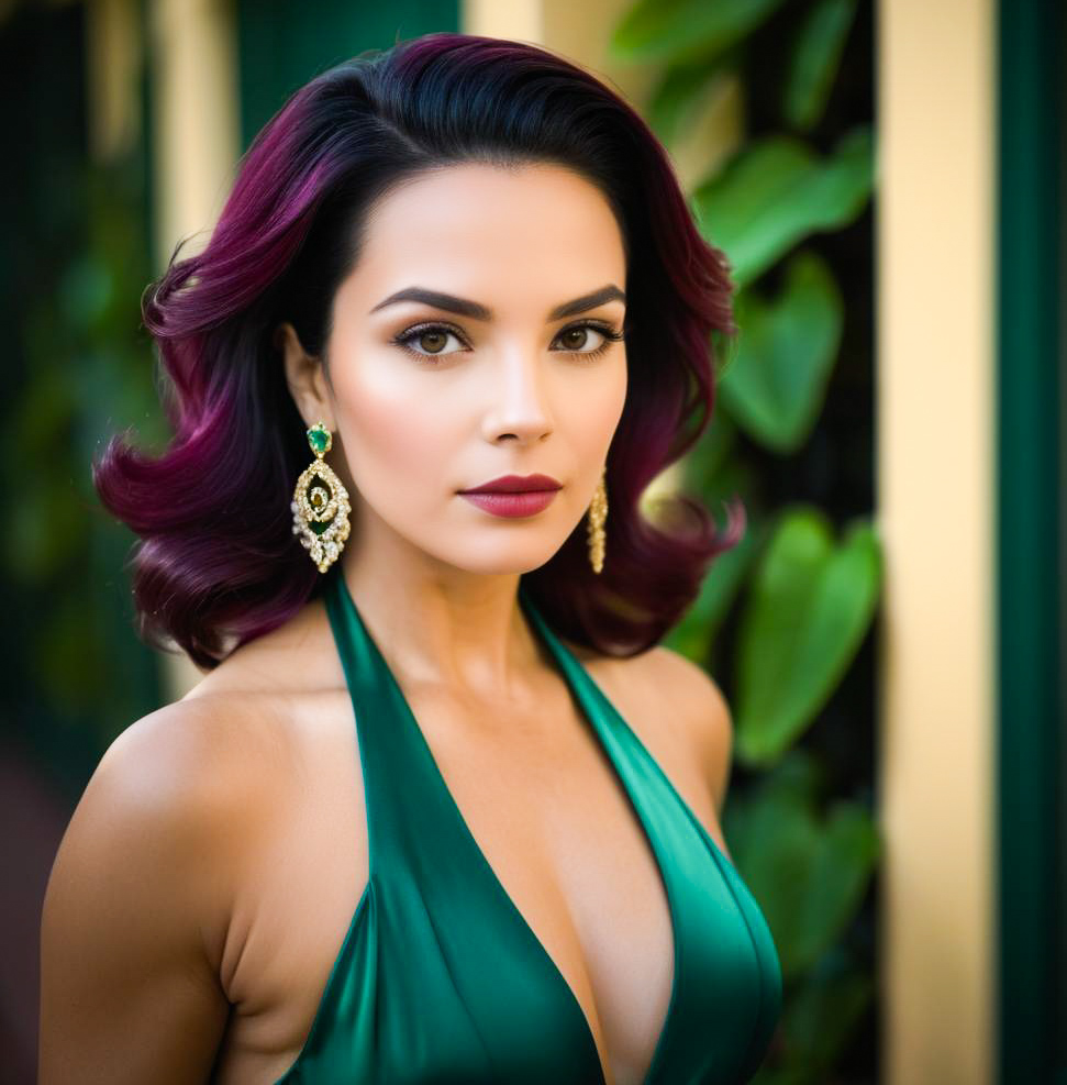 Stylish Woman in Green Gown with Maroon Hair