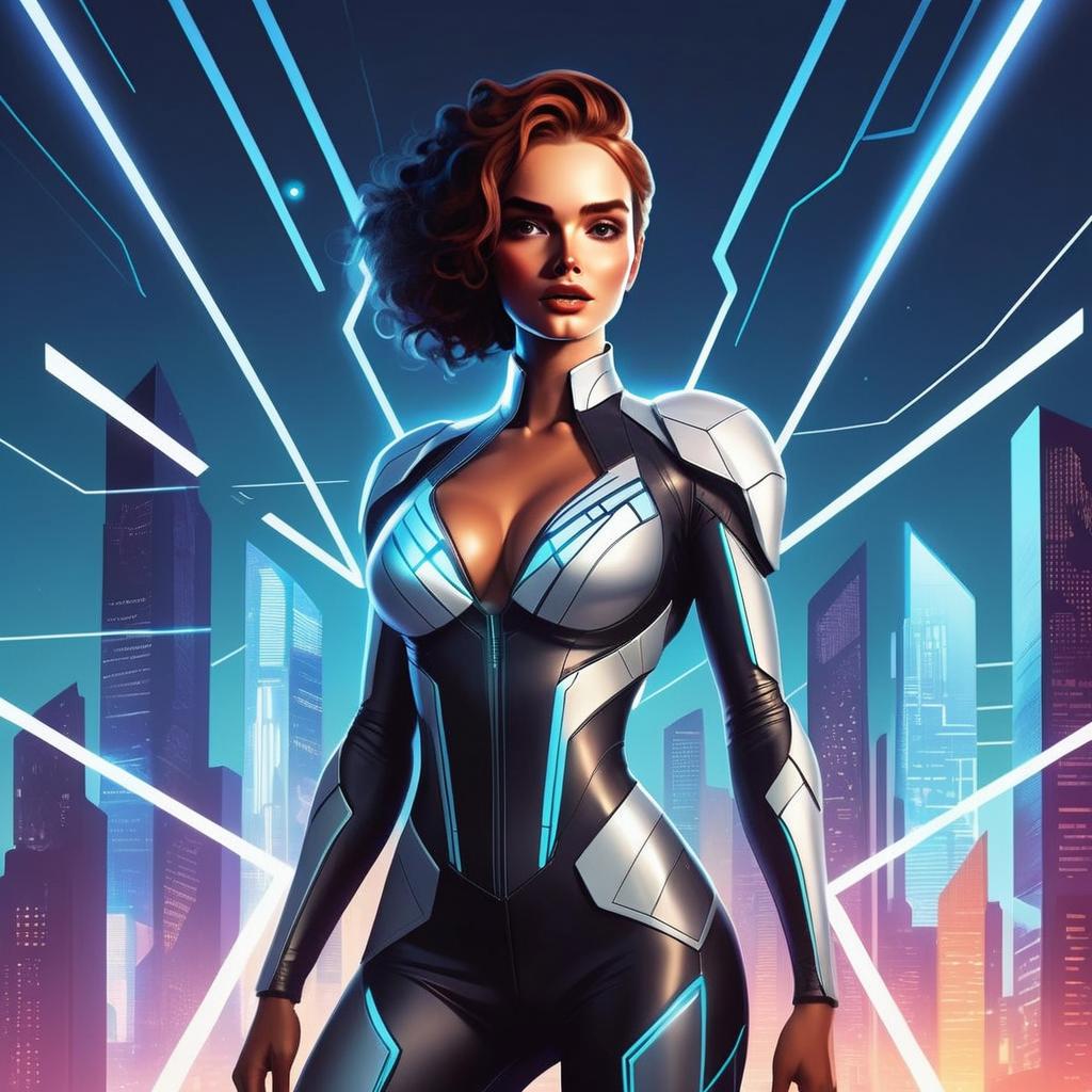 Confident Woman in Futuristic Suit Against Neon Cityscape