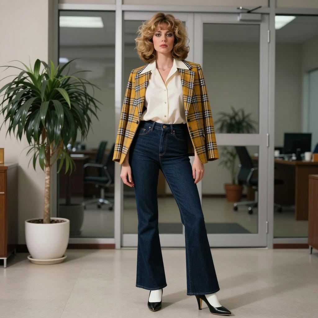 Vintage-Inspired Woman in Yellow Plaid Blazer and Flared Jeans in Office