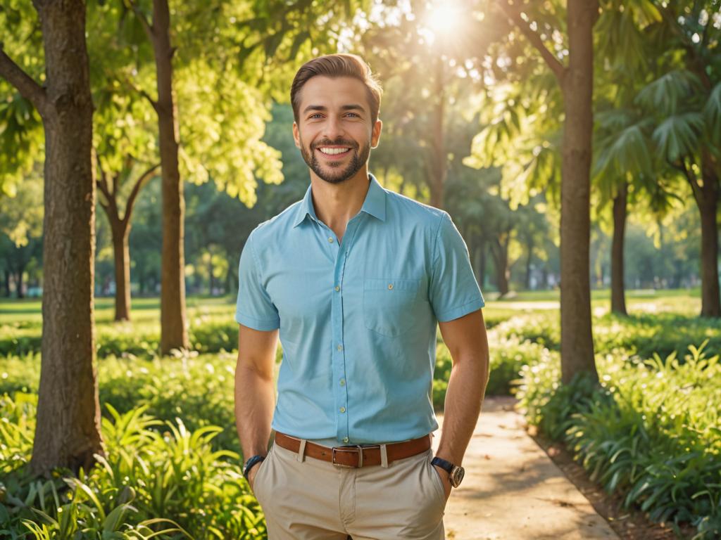 Optimistic man smiling in sunlit park