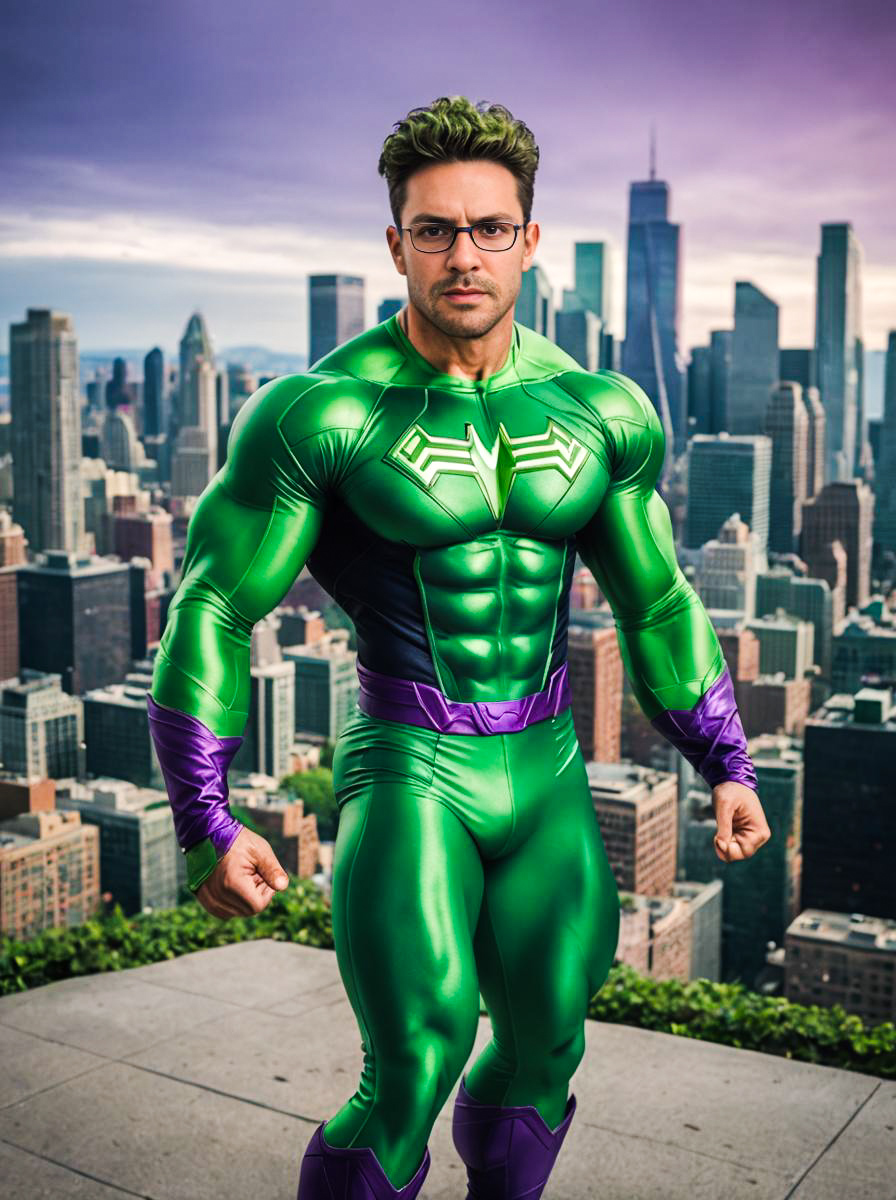 Muscular Man in Green and Purple Superhero Costume