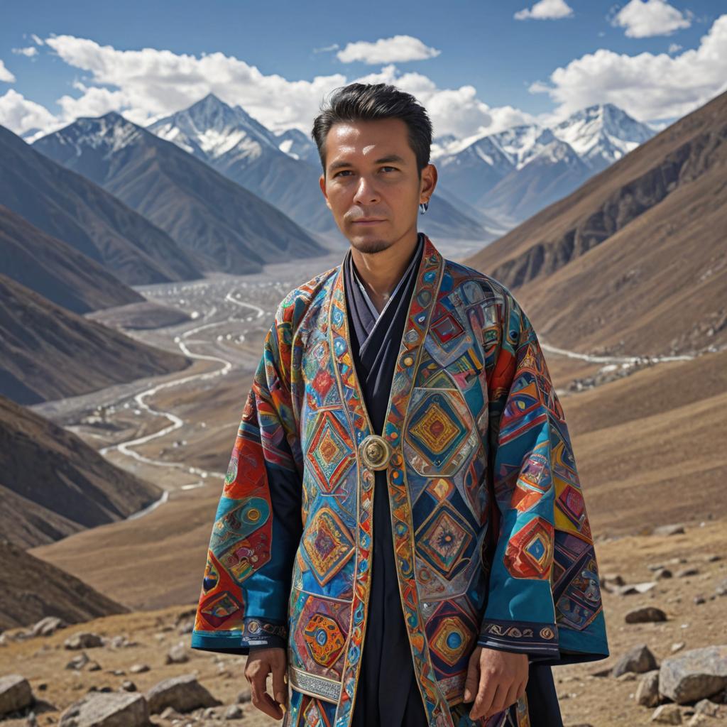 Man in traditional garment with mountain backdrop