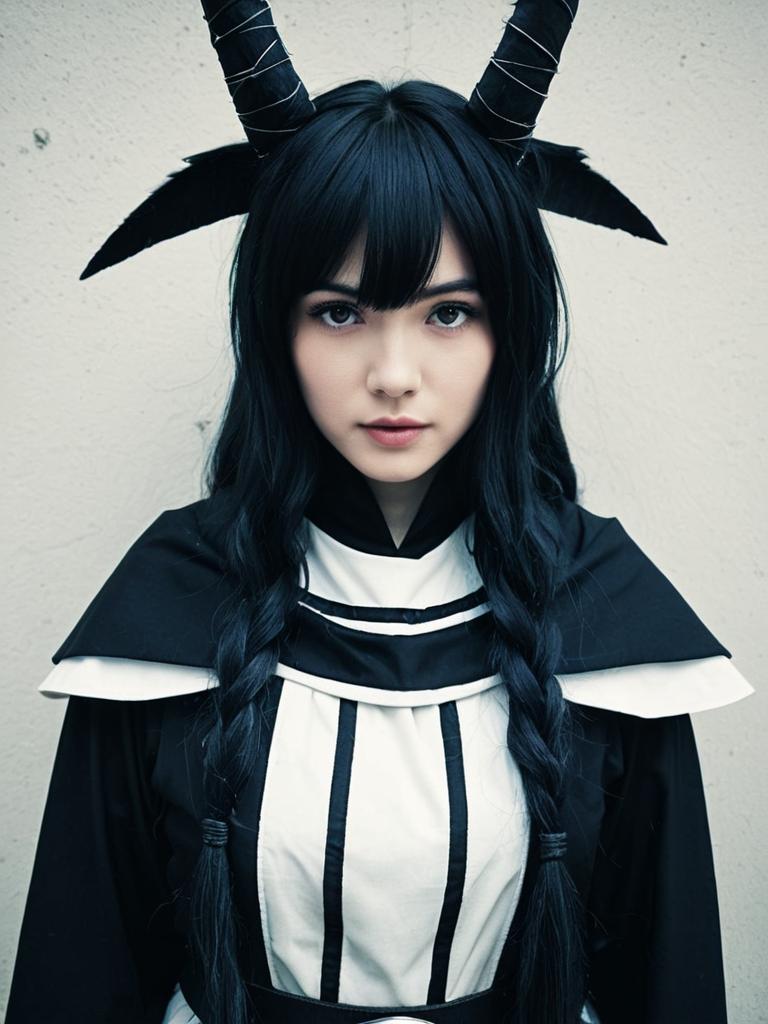 Sexy Woman Wearing Atra Mixta Costume with Black Horns Cosplay